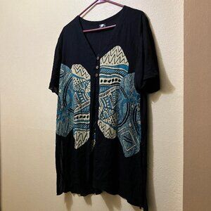 Vintage Resort Wear Women's Black Geometric Short Sleeve Beachy Blouse Size XL